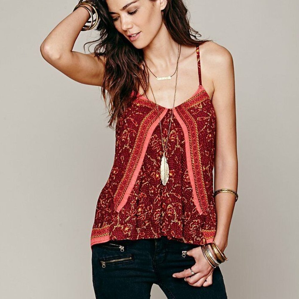 Free People Blouse Flowy Floral Strappy Tank Top Boho Burgundy Viscose Womens SP